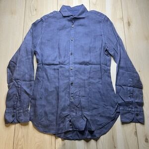 Corneliani Button Up Shirt Made In Italy 100%Ramie Long Sleeve Blue Mens 15.5/39